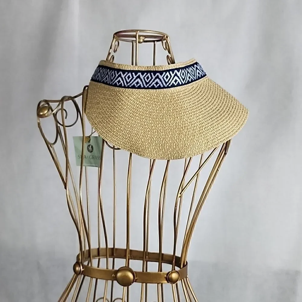 NWT Sea Grass Straw Visor with Navy and White Ribbon